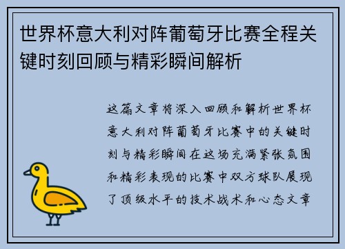 世界杯意大利对阵葡萄牙比赛全程关键时刻回顾与精彩瞬间解析