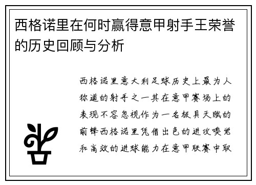 西格诺里在何时赢得意甲射手王荣誉的历史回顾与分析