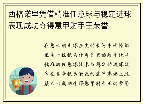 西格诺里凭借精准任意球与稳定进球表现成功夺得意甲射手王荣誉