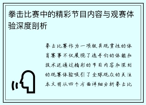 拳击比赛中的精彩节目内容与观赛体验深度剖析
