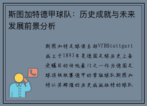 斯图加特德甲球队：历史成就与未来发展前景分析