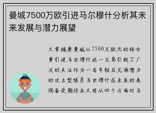 曼城7500万欧引进马尔穆什分析其未来发展与潜力展望